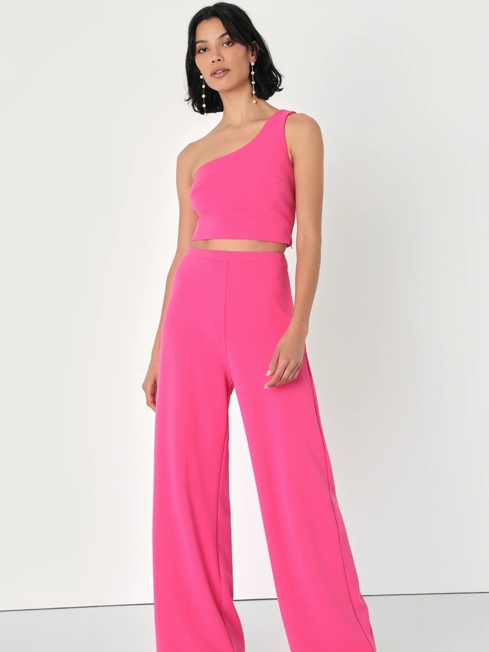 NWT Lulus Amor and Beyond Hot Pink One-Shoulder Two-Piece Jumpsuit
